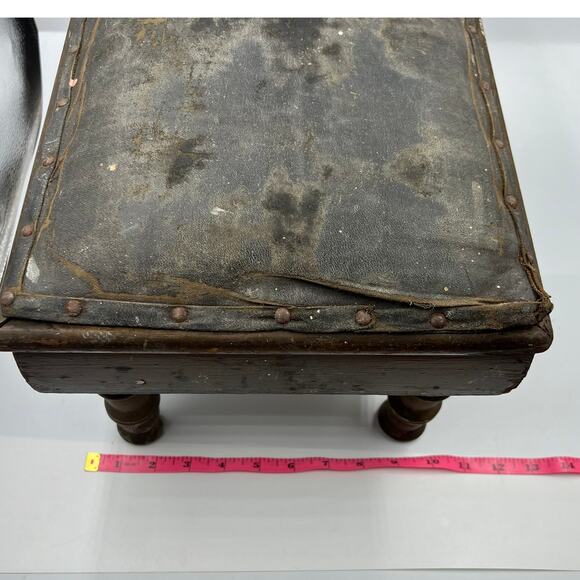 Vintage Primitive MCM Leather Craftsman Style Foot Stool Seat DISTRESSED - Picture 14 of 15